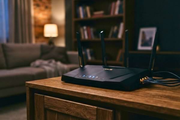 un routeur internet moderne posé sur un meuble en bois dans un salon
