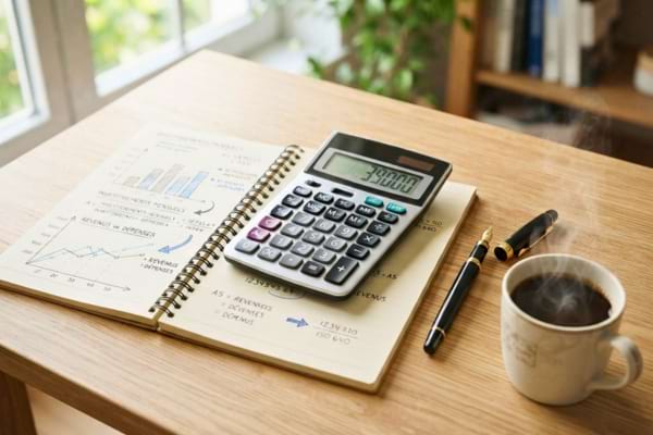 ne calculatrice moderne posée sur un carnet de notes ouvert montrant des graphiques financiers