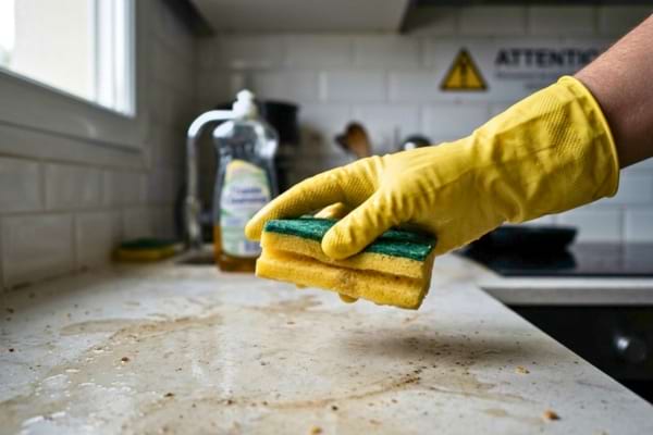 une main portant un gant de ménage jaune tenant une éponge au-dessus d'un plan de travail,