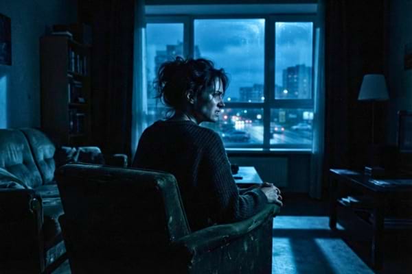 une personne de dos, assise dans un salon plongé dans l'obscurité