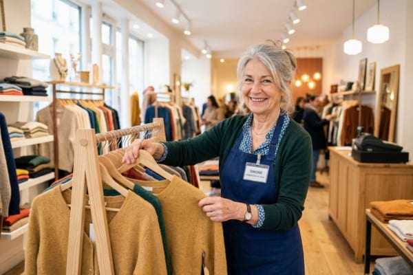 Une femme de 70 ans souriante, portant un tablier de vendeuse