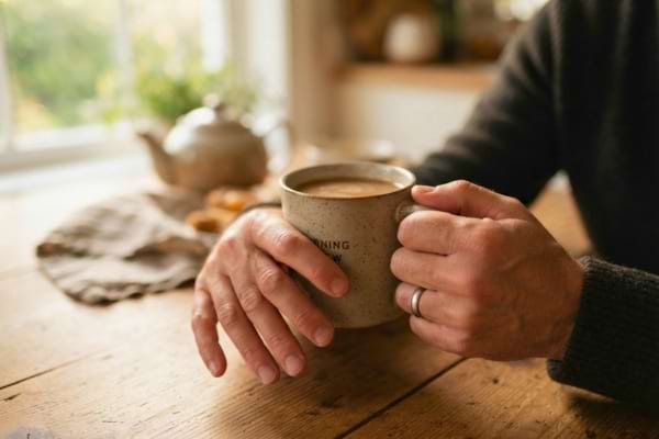 mains d'un homme d'&acirc;ge m&ucirc;r tenant une tasse de caf&eacute;. L'une des mains semble l&eacute;g&egrave;rement rel&acirc;ch&eacute;e