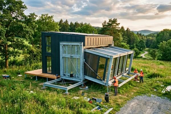 une maison moderne préfabriquée en acier en cours de déploiement sur un terrain