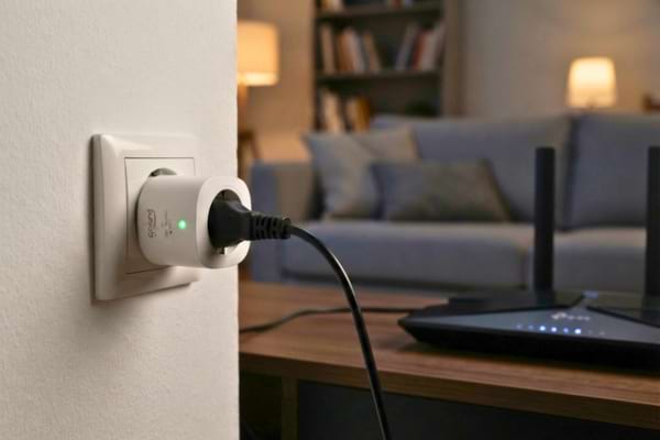 une prise connectée intelligente branchée au mur avec une petite lumière verte,