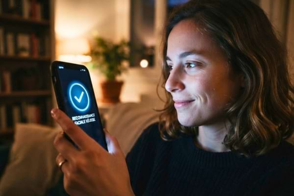 écran de smartphone affichant une validation de reconnaissance faciale réussie,