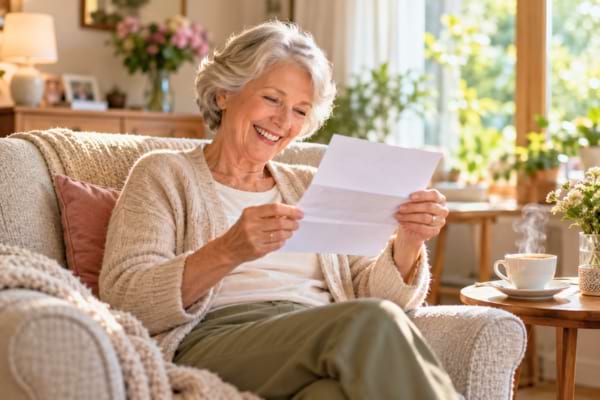 Une femme senior &eacute;l&eacute;gant lit un courrier officiel avec un grand sourire de soulagement