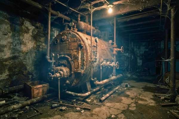 une vieille chaudière rouillée dans un sous-sol mal éclairé