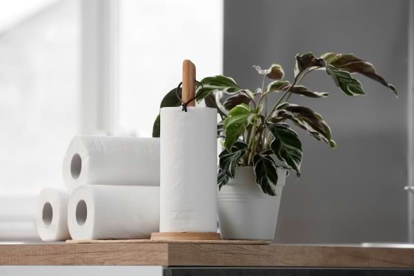 Plusieurs rouleaux d&rsquo;essuie-tout &agrave; c&ocirc;t&eacute; d&rsquo;une plante verte sur un plan de travail.