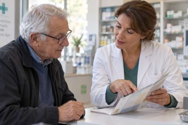 Senior faisant le point sur ses vaccins avec une professionnelle de santé en pharmacie.