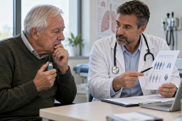 Médecin expliquant la vaccination contre le VRS à un senior souffrant de troubles respiratoires.