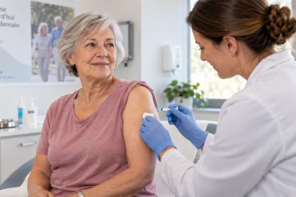 Femme de plus de 65 ans recevant un vaccin dans un cabinet médical.