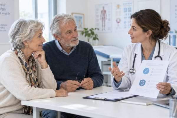 Médecin échangeant avec un couple de seniors sur les recommandations vaccinales après 65 ans.