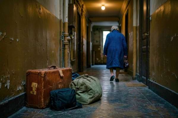 valises usées et des sacs posés sur le sol d'un couloir sombre.