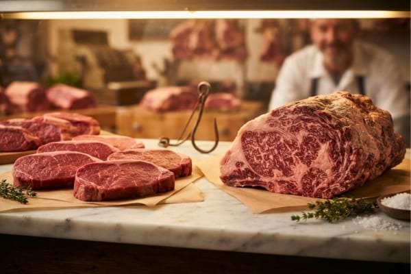 un étal de boucherie traditionnel, montrant le contraste entre des steaks rouges
