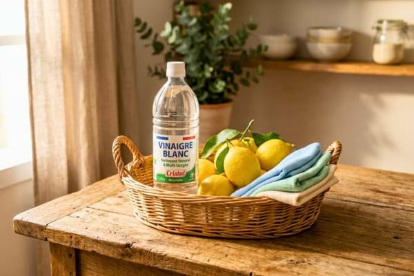 un panier en osier contenant une bouteille en verre de vinaigre blanc et des citrons frais