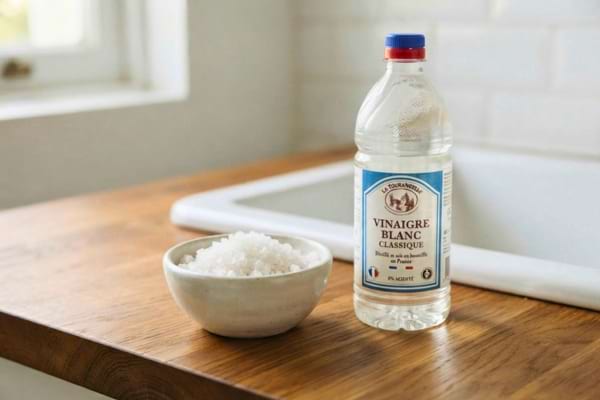 un petit bol en céramique rempli de gros sel à côté d'une bouteille en verre contenant du vinaigre blanc