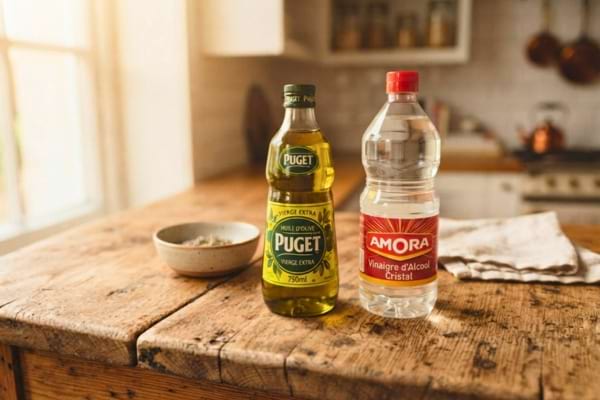 r une bouteille en verre contenant de l'huile d'olive dorée et une bouteille de vinaigre blanc transparent