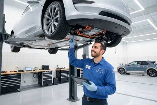 un m&eacute;canicien souriant dans un garage automobile tr&egrave;s propre et moderne