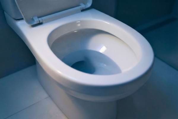 une cuvette de toilettes étincelante de propreté dans la pénombre d'une salle de bain