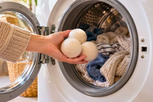 Une main tenant plusieurs balles de lavage au-dessus du hublot ouvert d'une machine à laver remplie de linge