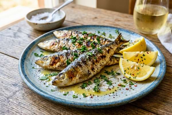 assiette estivale de sardines grillées avec des quartiers de citron