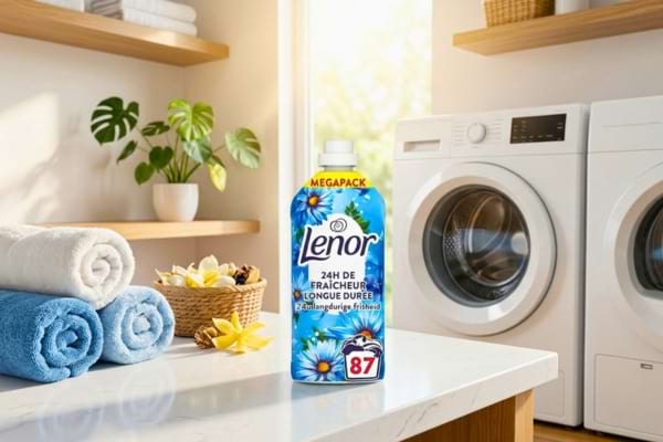 aesthetic shot of a blue liquid fabric softener bottle sitting next to a modern washing machine.