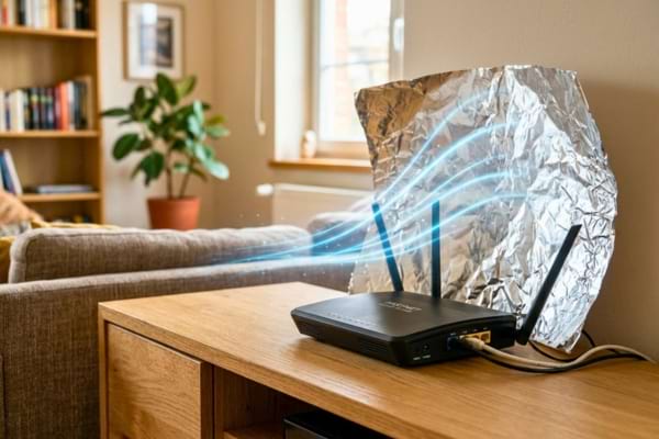 un routeur internet moderne posé sur un meuble en bois clair. Derrière le routeur, une feuille de papier d'aluminium
