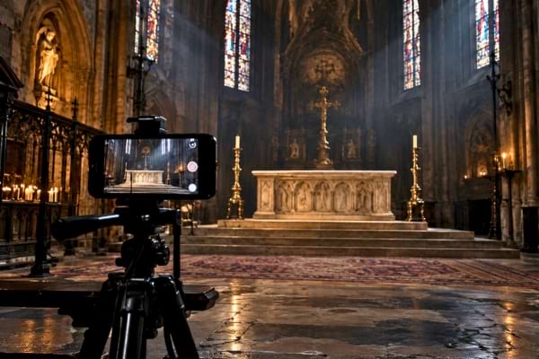 un téléphone portable posé sur un trépied dans une église, filmant un autel vide
