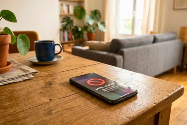 un smartphone posé sur une table en bois, l'écran affiche une icône d'appel bloqué avec un fond rouge