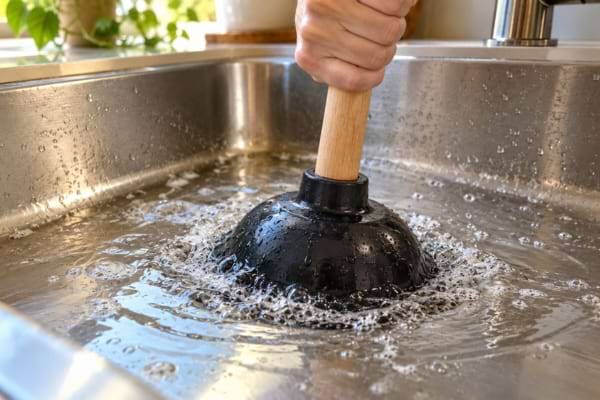 Une main utilise une ventouse noire pour déboucher la canalisation d'un évier de cuisine en inox.