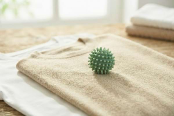 n pull en laine douce et un t-shirt en coton parfait, sans aucune bouloche, avec une balle de lavage posée