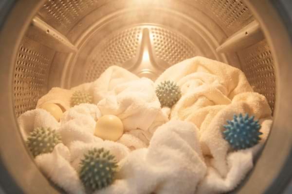 Intérieur d'un sèche-linge éclairé avec des balles de lavage