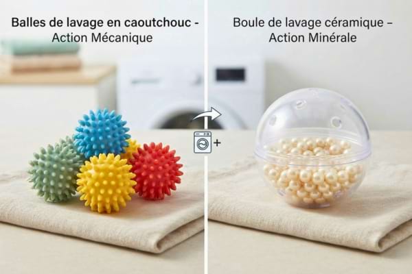 à gauche, des balles de lavage en caoutchouc coloré ; à droite, une grosse boule de lavage en plastique