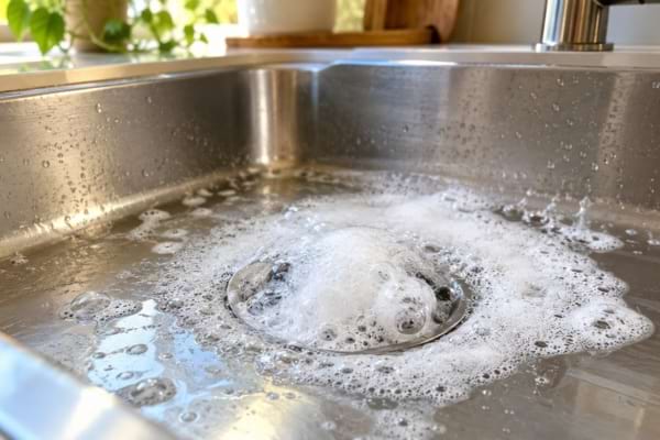 Réaction mousseuse du bicarbonate et du vinaigre blanc dans la bonde d'un évier de cuisine.