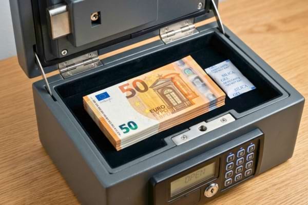 A neat stack of crisp euro banknotes stored flat inside a modern, open fireproof security box
