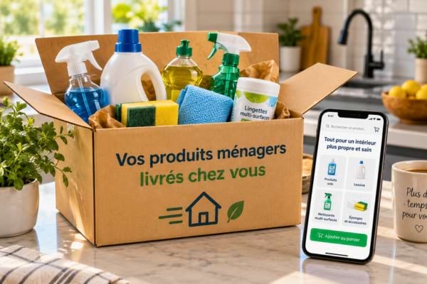 A cardboard delivery box opened on a clean kitchen island, revealing household cleaning supplies inside.