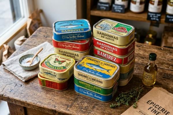plusieurs boîtes de sardines colorées et vintage empilées sur une table