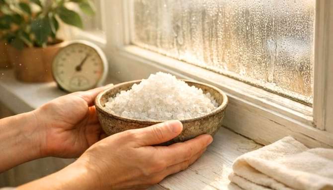 déposer un bol de gros sel devant une fenêtre pleine de condensation