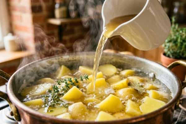 Un beau bouillon doré et fumant versé depuis un pichet en céramique blanche sur des pommes de terre