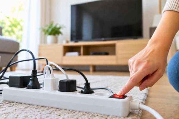 une main actionnant l'interrupteur rouge d'une multiprise alimentant plusieurs appareils dans un salon moderne.