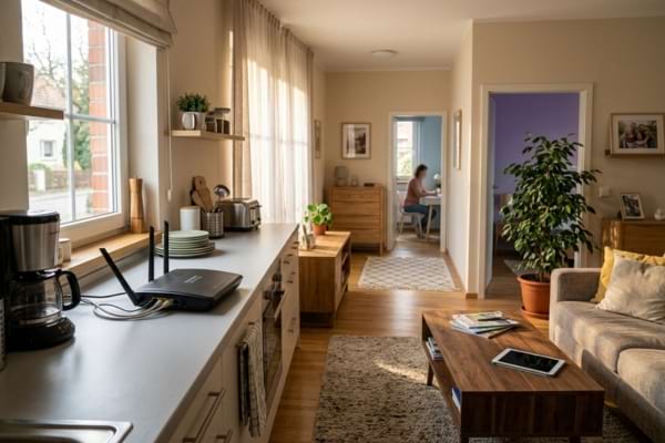 une personne qui travaille dans son appartement, box dans la cuisine