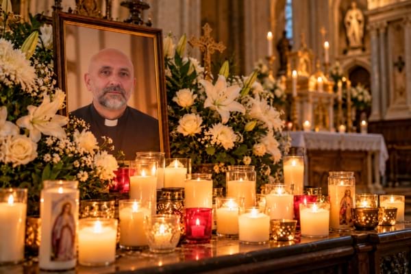bougies allumées devant le portrait d'un prêtre souriant, des fleurs blanches autour,