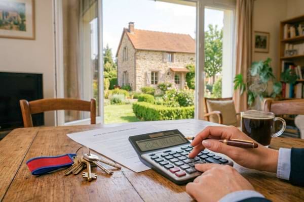 une calculatrice moderne posée sur un bureau en bois clair