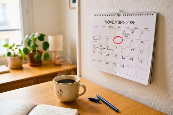 un calendrier mural ouvert sur le mois de novembre. La date du 5 est entour&eacute;e avec un marqueur rouge