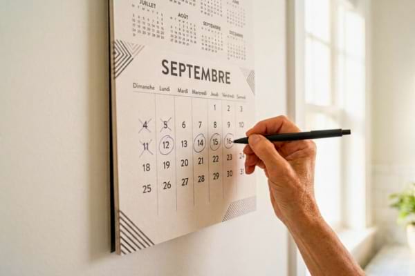 a modern calendar hanging on a bright wall, a hand holding a pen circling two or three dates