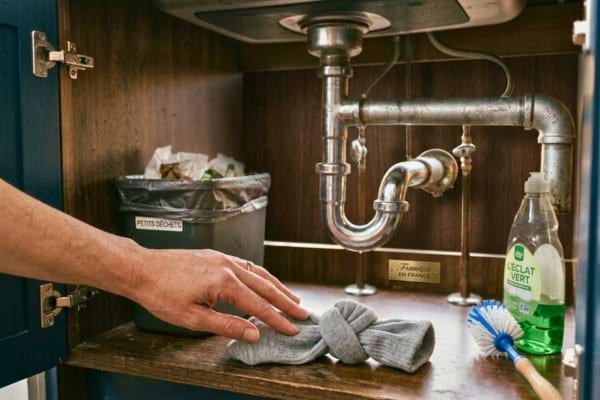 a person's hand gently touching a tied sock sitting on a white shelf under a sink to check for dampness