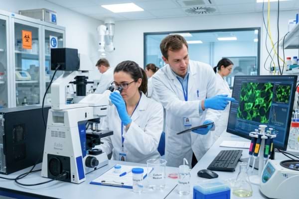 scientists in a modern research laboratory looking through a microscope and discussing data