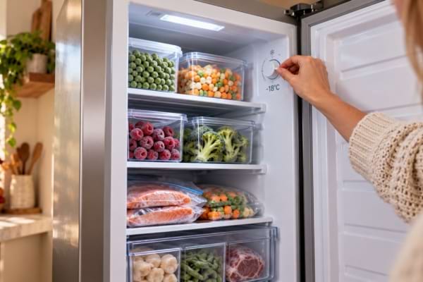 Main réglant la température d'un congélateur à -18 °C pour une meilleure conservation des aliments.