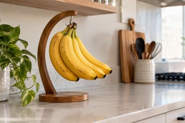Régime de bananes suspendu à un porte-bananes sur un plan de travail
