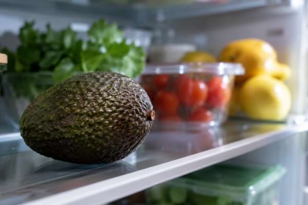 Avocat entier posé sur une clayette de réfrigérateur avec légumes en arrière-plan.